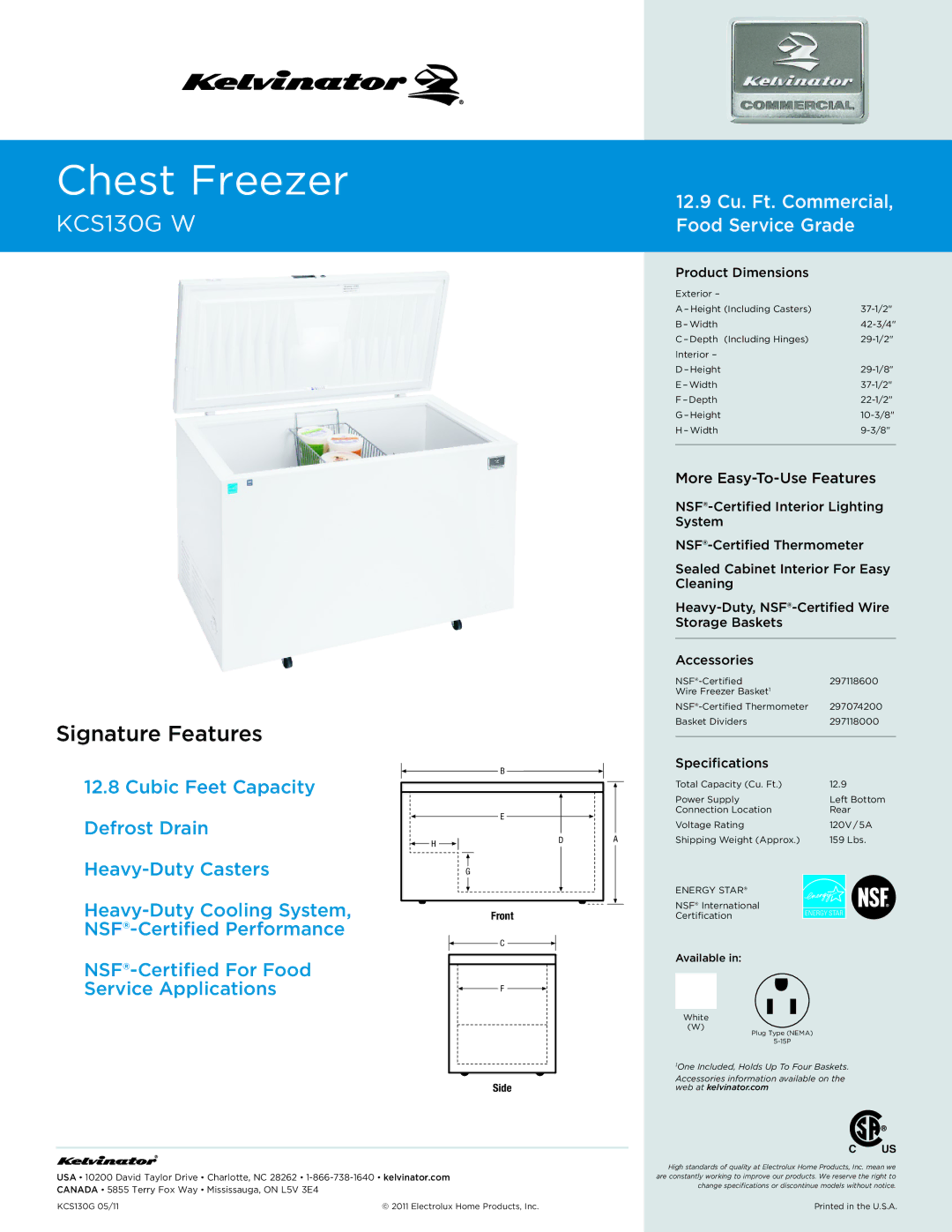 Kelvinator specifications Chest Freezer, KCS130G W , Signature Features, 12.9 Cu. Ft. Commercial, Food Service Grade 